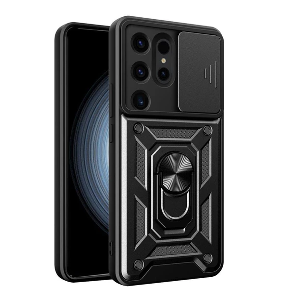 Smody Samsung Galaxy S24 Ultra İle Uyumlu Kılıf Kamera Korumalı Sürgülü Yüzüklü Standlı Tank - 3