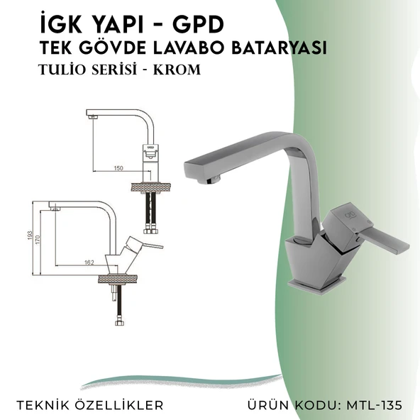 İGK YAPI - GPD Tulio Tek Gövde Lavabo Bataryası  (MTL135) - 4