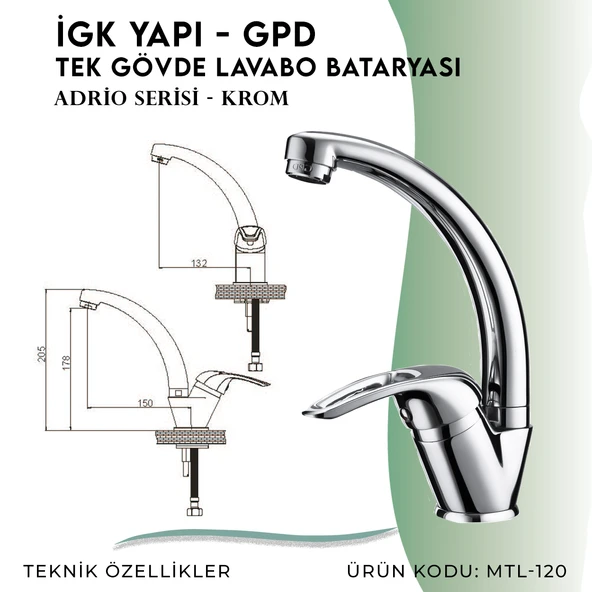 İGK YAPI - GPD Adrio Tek Gövde Lavabo Bataryası  (MTL120) - 4