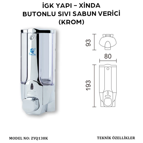 İGK YAPI - XinDa Tekli Butonlu Krom Sıvı Sabun Dispanseri (ZYQ138-K) - 3