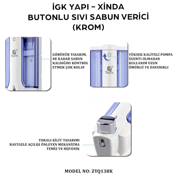 İGK YAPI - XinDa Tekli Butonlu Krom Sıvı Sabun Dispanseri (ZYQ138-K) - 5