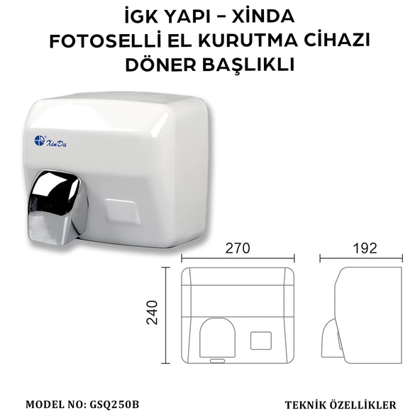 İGK YAPI - XinDa Fotoselli Döner Başlıklı El Kurutma Makinesi (GSQ250B) - Resim 3