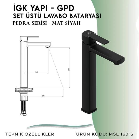 İGK YAPI - GPD Pedra Set Üstü Lavabo Bataryası  (MSL160-S) - 4