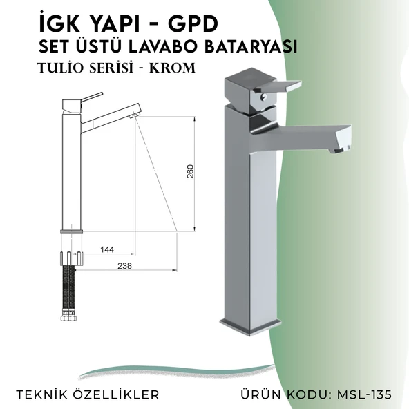 İGK YAPI - GPD Tulio Set Üstü Lavabo Bataryası  (MSL135) - 3