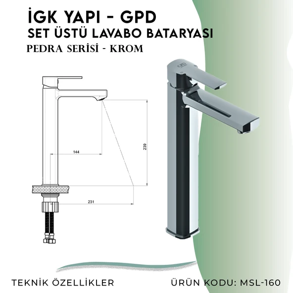 İGK YAPI - GPD Pedra Set Üstü Lavabo Bataryası  (MSL160) - 4