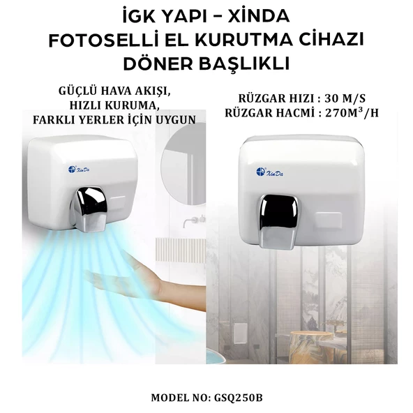 İGK YAPI - XinDa Fotoselli Döner Başlıklı El Kurutma Makinesi (GSQ250B) - Resim 8