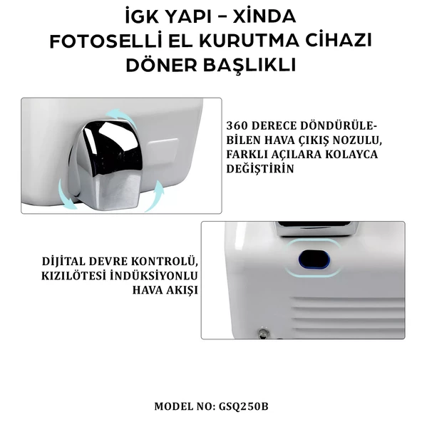 İGK YAPI - XinDa Fotoselli Döner Başlıklı El Kurutma Makinesi (GSQ250B) - Resim 7