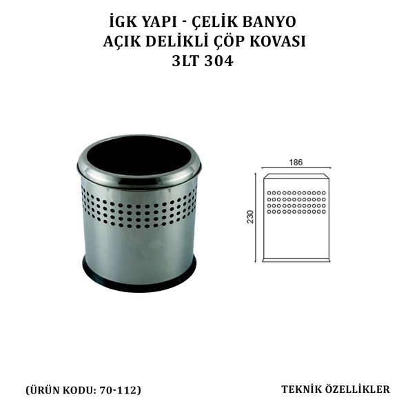 İGK YAPI - ÇELİK BANYO AÇIK DELİKLİ ÇÖP KOVASI 3LT GRİ (70-112) - 4