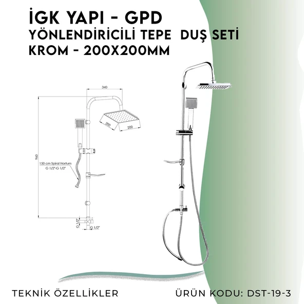 İGK YAPI - GPD Yönlendiricili Duş Seti (Tek Fonksiyonlu El Duşu + 200x200)  (DST193) - 4