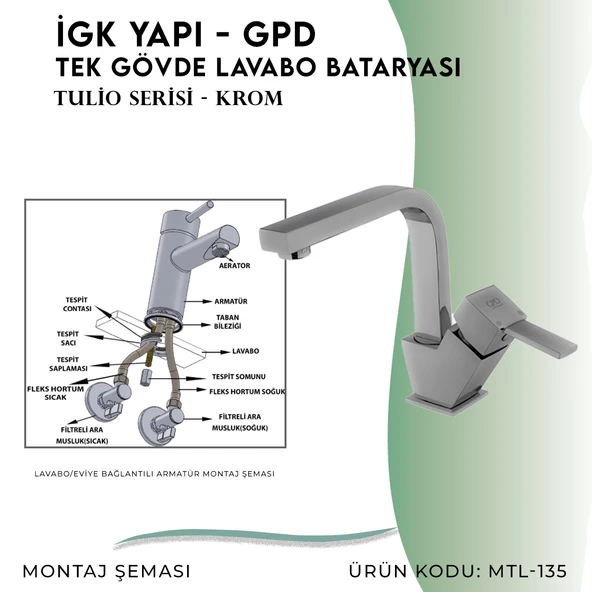 İGK YAPI - GPD Tulio Tek Gövde Lavabo Bataryası  (MTL135) - 5