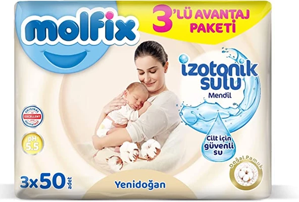 Molfix Yenidoğan İzotonik Sulu Doğal Pamuk Islak Havlu Mendil 3'Lü 150 Yaprak