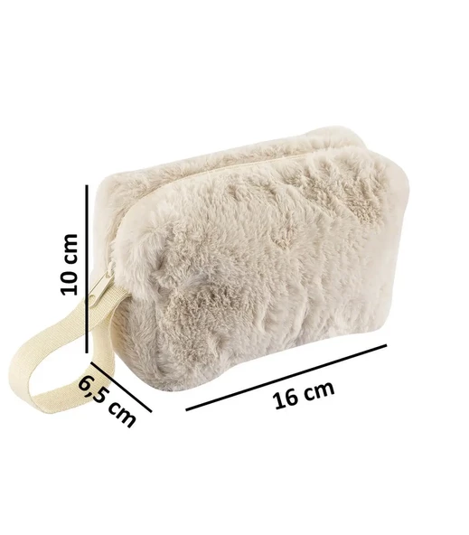 Chic Clutch Seyahat Makyaj Organizeri Kozmetik Çantası Tüy Peluş - 250 Krem - 3