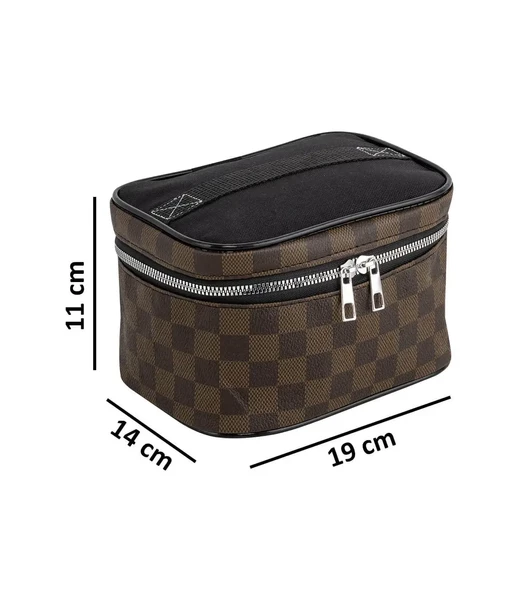 4'lü Makyaj Organizeri Kozmetik Çanta Seti & 3'lü Makyaj Süngeri - Kahverengi Damalı - 4