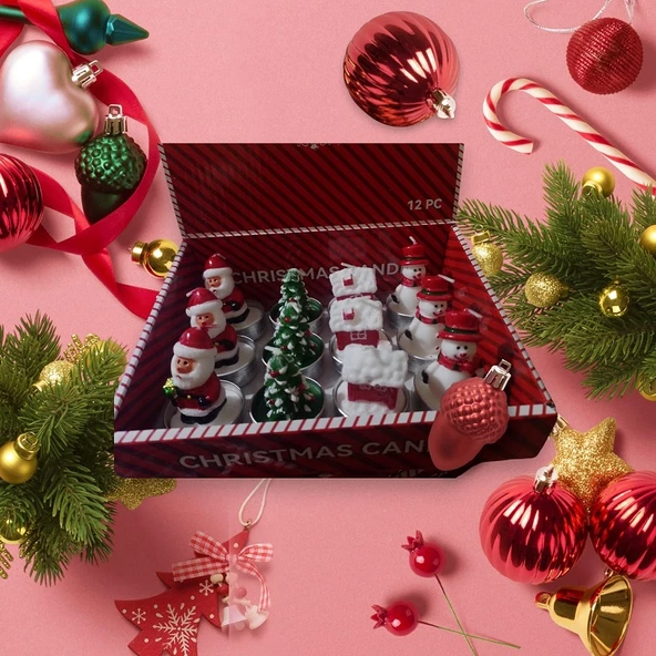VIP DELUXE 12 ADET NOEL TEALİGHT MUM NOEL BABA KARDAN ADAM ÇAM AĞACI NOEL EVİ GERÇEK YILBAŞI MUMU - Resim 3