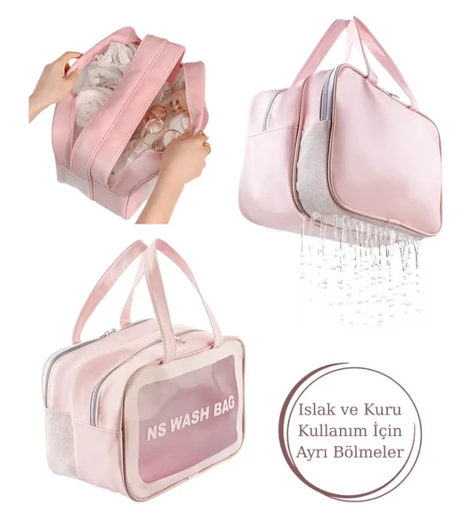 Şeffaf Çift Bölmeli Seyahat Makyaj Organizeri Kozmetik Çantası - Açık Pembe XL