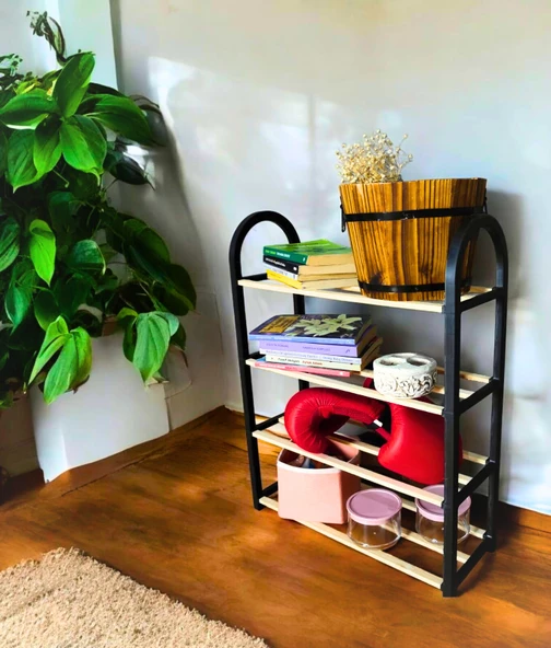 Masif Ahşap Ayakkabılık, Kitaplık, Organizer, Çok Amaçlı Dekoratif Açık Ahşap Dolap - 3