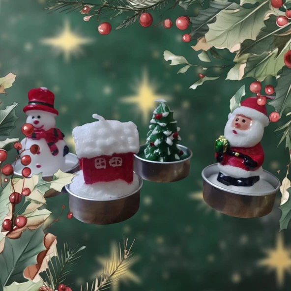 VIP DELUXE 12 ADET NOEL TEALİGHT MUM NOEL BABA KARDAN ADAM ÇAM AĞACI NOEL EVİ GERÇEK YILBAŞI MUMU ürün görseli