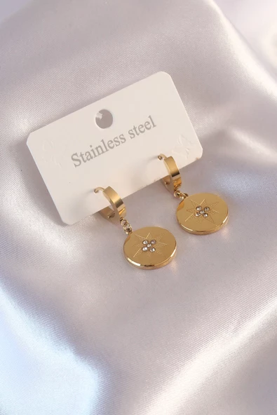 Çelik Gold Renk Kutup Yıldızı İşleme Zirkon Taşlı Kadın Küpe - TJ-BKP6961