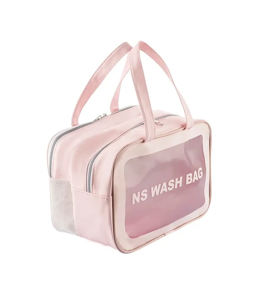 Şeffaf Çift Bölmeli Seyahat Makyaj Organizeri Kozmetik Çantası - Açık Pembe XL - 2