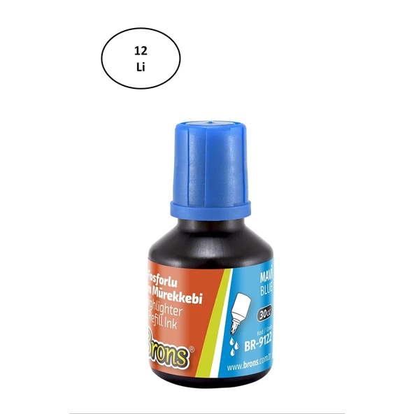 Brons 30 ml Fosforlu Kalem Mürekkebi Mavi 12'li