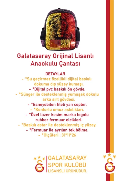 Galatasaray Orijinal Lisanslı Spor Çocuk Sırt Çantası Gs Aslan Baskılı Çanta - 2