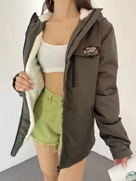 Fermuarlı  Kapşonlu İçi Kürklü Mont - Kahverengi