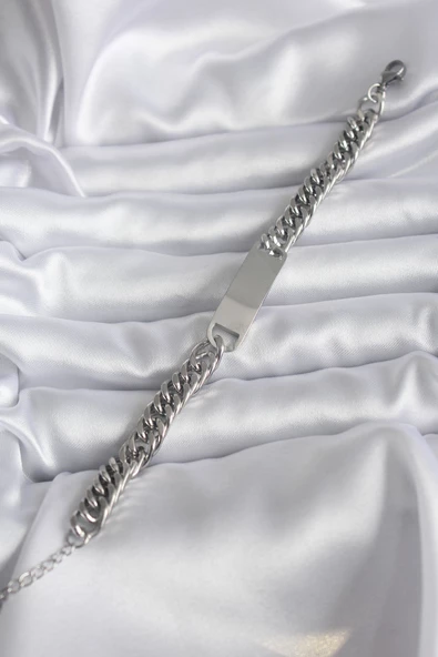 316L Çelik Gümüş Renk İsim Yazılabilir Plaka Model Kadın Bileklik - TJ-BB5743 - Resim 2