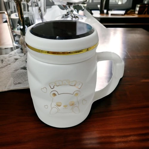 Ayna Kapaklı Panda Desenli Porselen Kupa Bardak Beyaz Kupa Bardak - 4