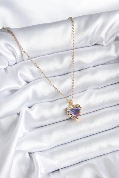 316L Çelik Zincir Gold Renk Mor Renk Zirkon Taşlı Kalp Model Kadın Kolye - TJ-BKO8210 - 2