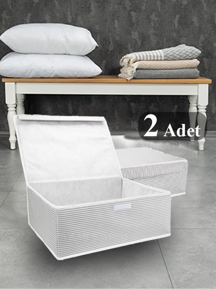 2 Adet Çok Amaçlı Kapaklı Kutu Baza Boy Gri 50x40x19 cm