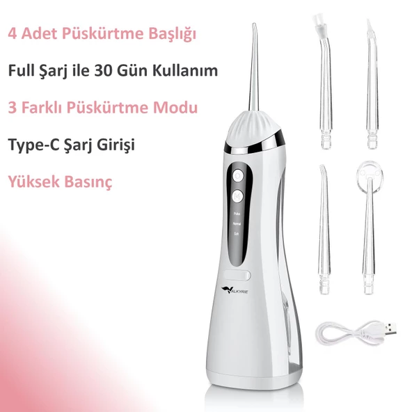 Valkyrie Şarj Edilebilir Diş Protez Bakım Ağız Duşu 4 Başlıklı Taşınabilir 1. Kalite Beyaz - 5