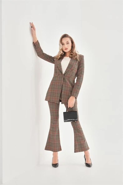 Omuzları Vatkalı Önü Çıtçıtlı Ekose Blazer Ceket - Kırmızı - Resim 6