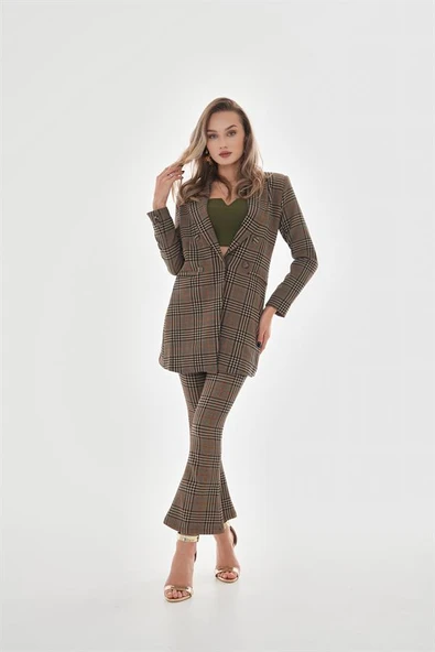 Likralı İspanyol Paça Ekose Pantolon - Vizon - Resim 3