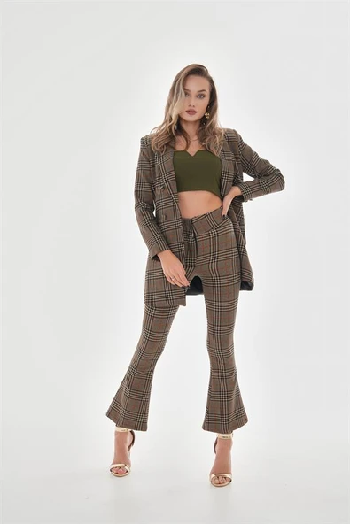 Omuzları Vatkalı Önü Çıtçıtlı Ekose Blazer Ceket - Vizon ürün görseli 1