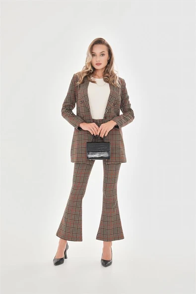 Likralı İspanyol Paça Ekose Pantolon - Kırmızı ürün görseli 1