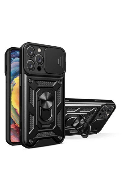 iPhone 16 Pro Max ile Uyumlu Kılıf Pars Lens Sürgülü Yüzüklü Standlı Korumalı Kılıf - 1