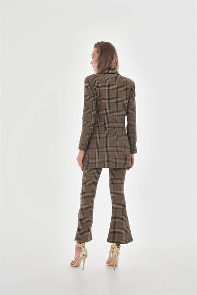 Likralı İspanyol Paça Ekose Pantolon - Vizon - Resim 4