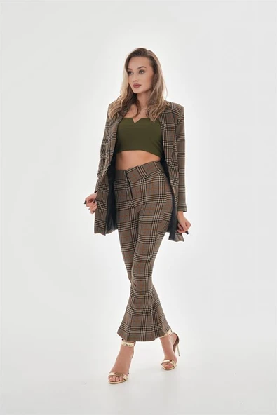 Likralı İspanyol Paça Ekose Pantolon - Vizon ürün görseli 1