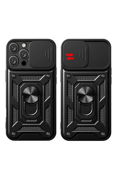 Nevarium iPhone 16 Pro Uyumlu Kılıf Pars Lens Sürgülü Yüzüklü Standlı Korumalı Kılıf - 2