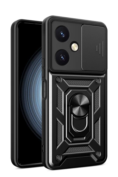 Nevarium Vivo Y27 Uyumlu Kılıf Pars Lens Sürgülü Yüzüklü Standlı Korumalı Kılıf