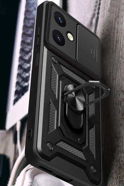 Nevarium Vivo Y27 Uyumlu Kılıf Pars Lens Sürgülü Yüzüklü Standlı Korumalı Kılıf - Resim 3