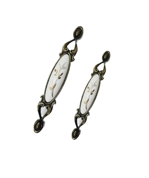 MİRAY 128 mm Metal antik sarı beyaz  porselen yaprak desenli  / 5 ADET - Resim 4