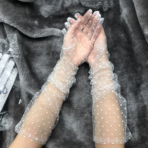 Uzun Boy Beyaz Puantiyeli Beyaz Renk Yetişkin Tül Eldiven - 2