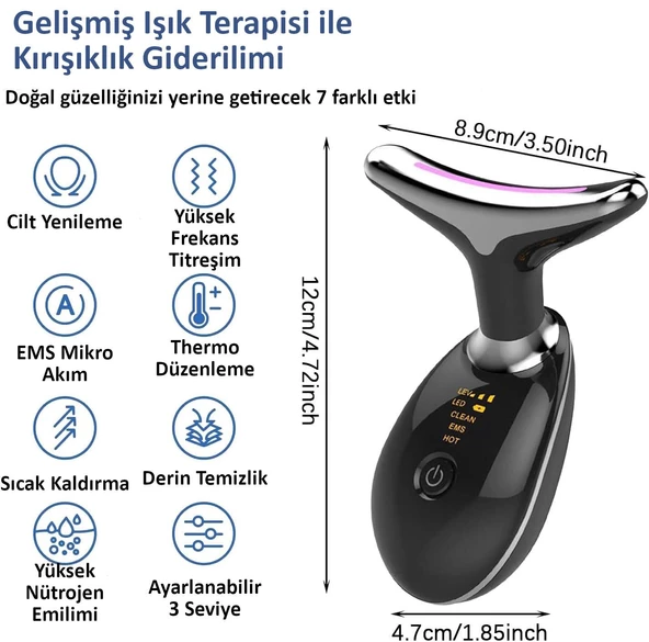 Valkyrie 7 Renk Titreşimli Yüz Boyun EMS Güzellik Cihazı Kırışık Gıdık Sarkma Giderici Siyah - 4