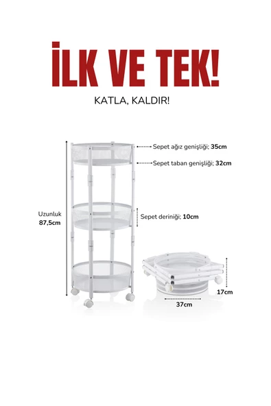 3 Katlı Pratik Katlanır Metal Beyaz Renk Tekerlekli Sepet Patates Soğanlık - Çok Amaçlı Organizer - 3