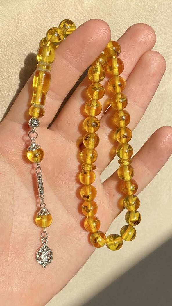 Küre Kesim Hakiki Karınca Fosilli Püsküllü Toz Kehribar Tesbih Midyat Gümüş - 3