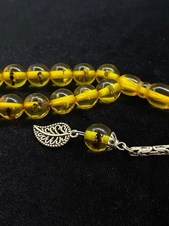 Küre Kesim Hakiki Karınca Fosilli Püsküllü Toz Kehribar Tesbih Midyat Gümüş - 6