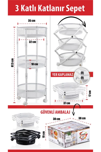 3 Katlı Pratik Katlanır Metal Beyaz Renk Tekerlekli Sepet Patates Soğanlık - Çok Amaçlı Organizer - 2