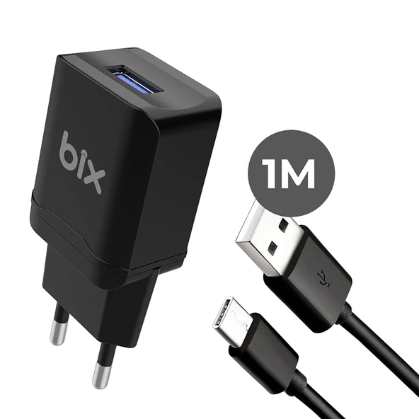 Bix bxc12b usb-a port 10w şarj adapter & usb-a to type-c cable black