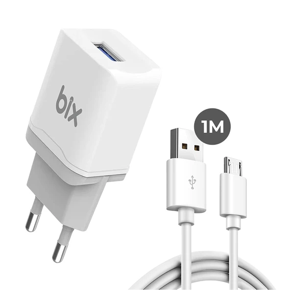 Bix bxm12w usb-a port 10w pd chargıng Adapter & usb-a to mıkro usb cable Whıte